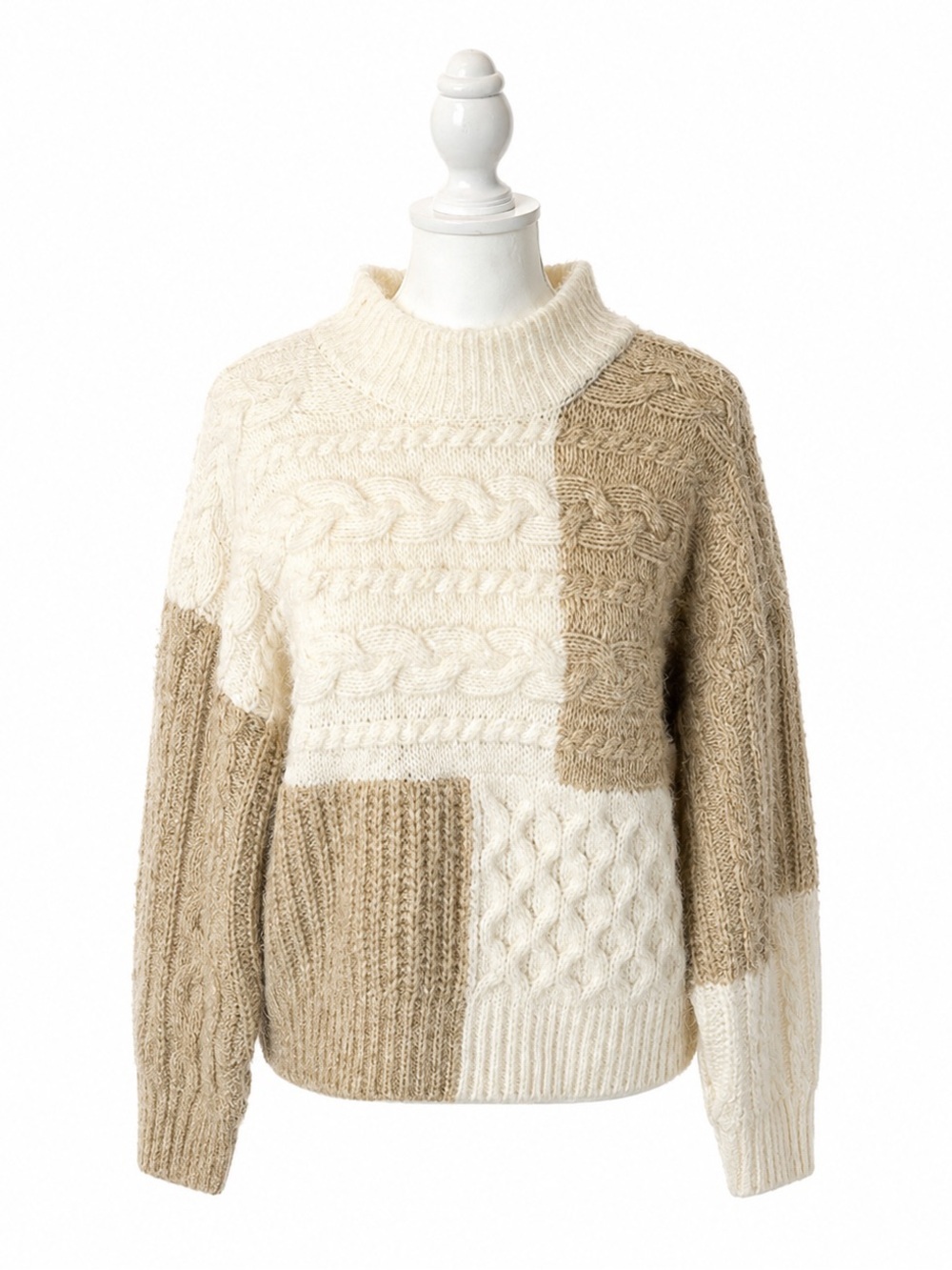 Abercrombie Cozy Patchwork Cable Knit Sweater - Cream & Tan